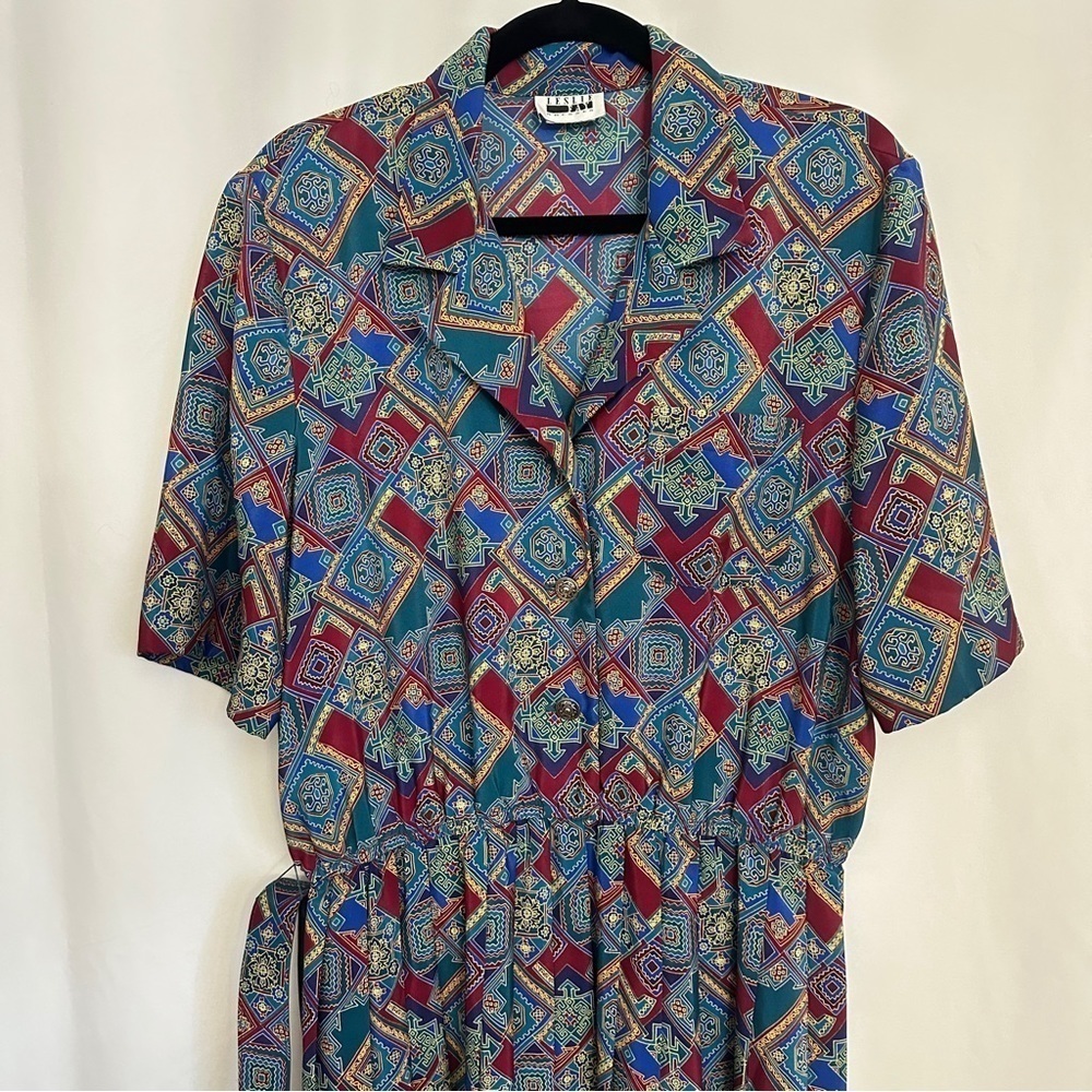 Vintage 80s Leslie Fay Women's Geometric Print Pleated Midi Dress sz 14